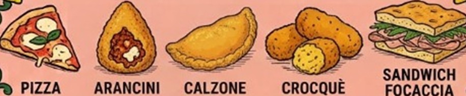 Pizza, arancini, calzone, crocchè et sandwich focaccia